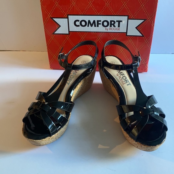 🆕 Black Patent Cork Wedged Strappy Patform Heels !!! - Picture 5 of 16